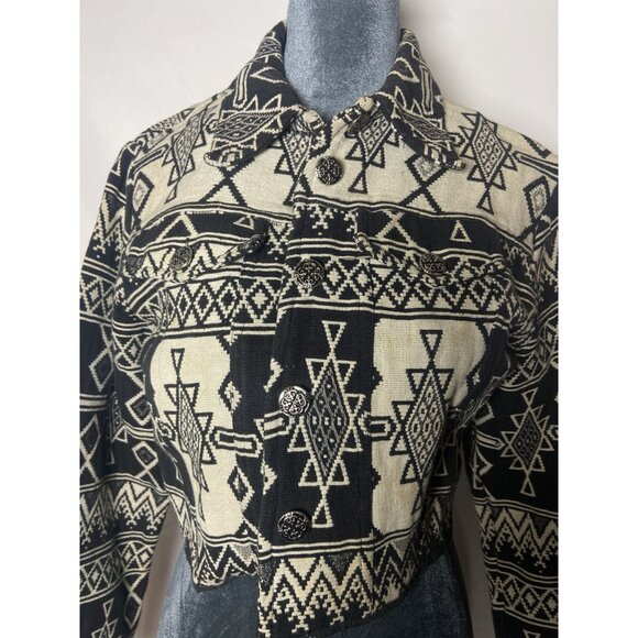 Vintage Flashback Aztec Cropped Jacket Medium Black & White 100% Cotton - Picture 7 of 12